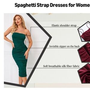 Green Ruched Bodycon Midi Dress Spaghetti Strap Medium